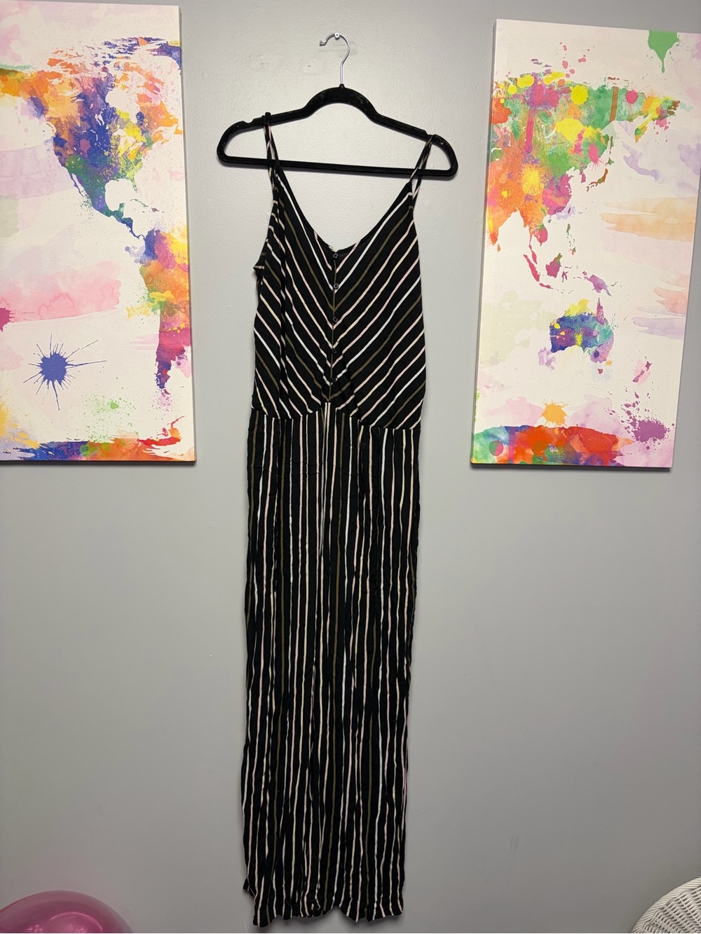 Kismet Black and White Striped V-Neck Maxi Dress with Spaghetti Straps